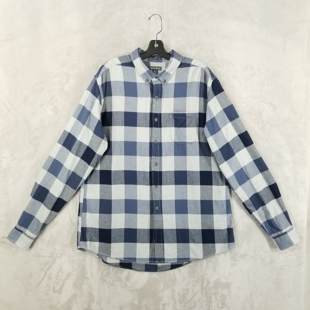 Eddie Bauer Flannel Shirt Men TXL Blue Check 100% Cotton Long Sleeve Outdoor